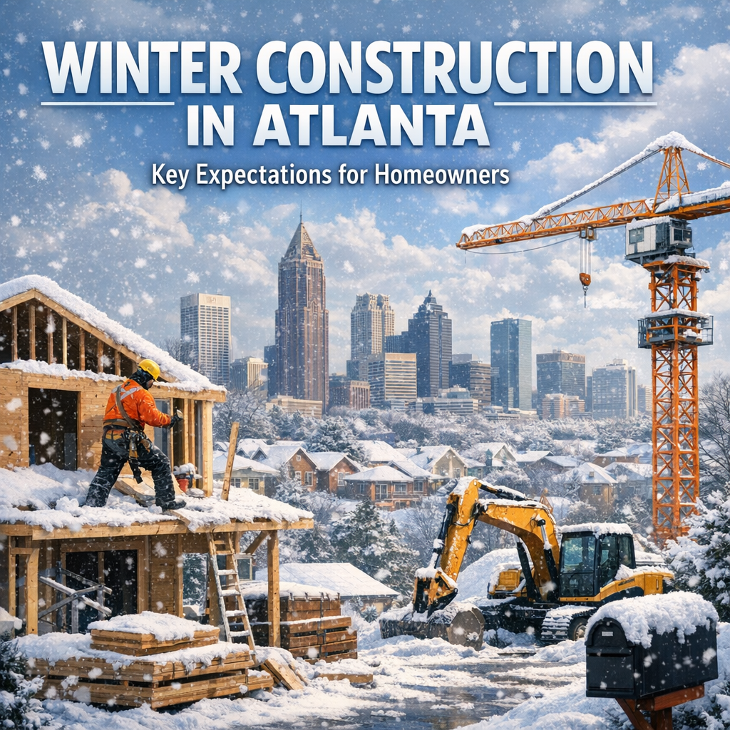 Active winter construction site in snowy Atlanta with cranes and workers.