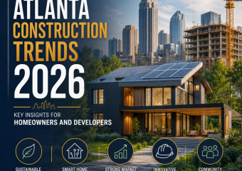 Atlanta construction trends 2026 illustration of sustainable buildings, smart homes, and urban growth.