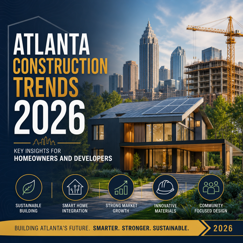 Atlanta construction trends 2026 illustration of sustainable buildings, smart homes, and urban growth.
