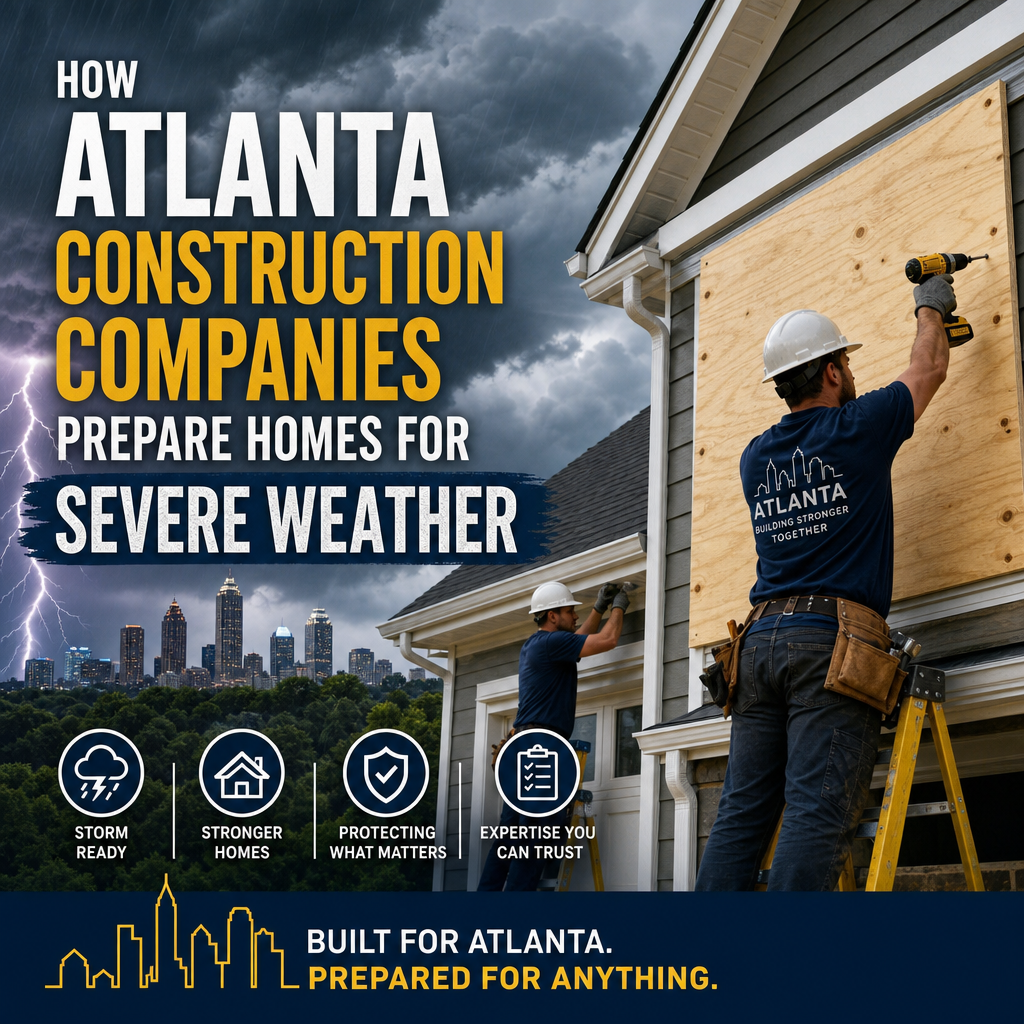 Atlanta construction workers boarding up a home to prepare for severe weather in Atlanta