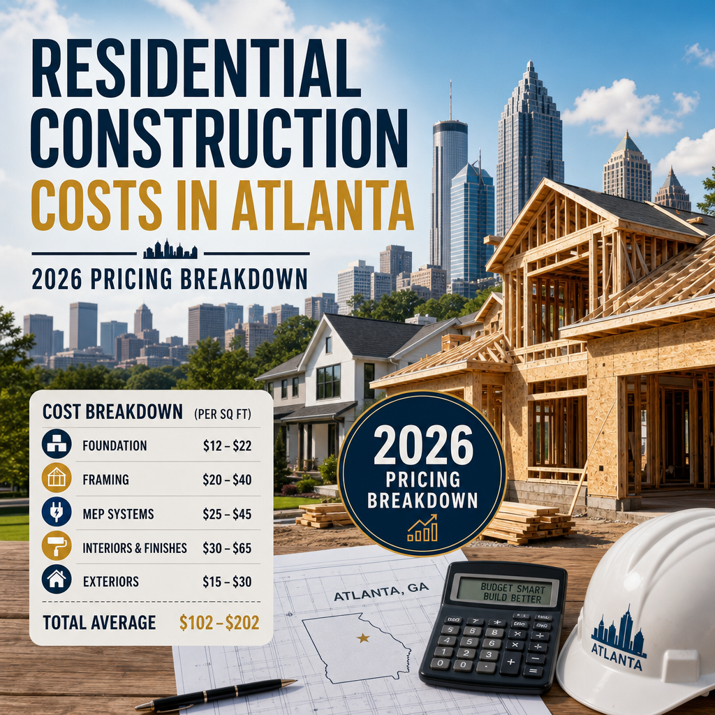 Atlanta residential construction cost breakdown chart showing 2026 prices per square foot.