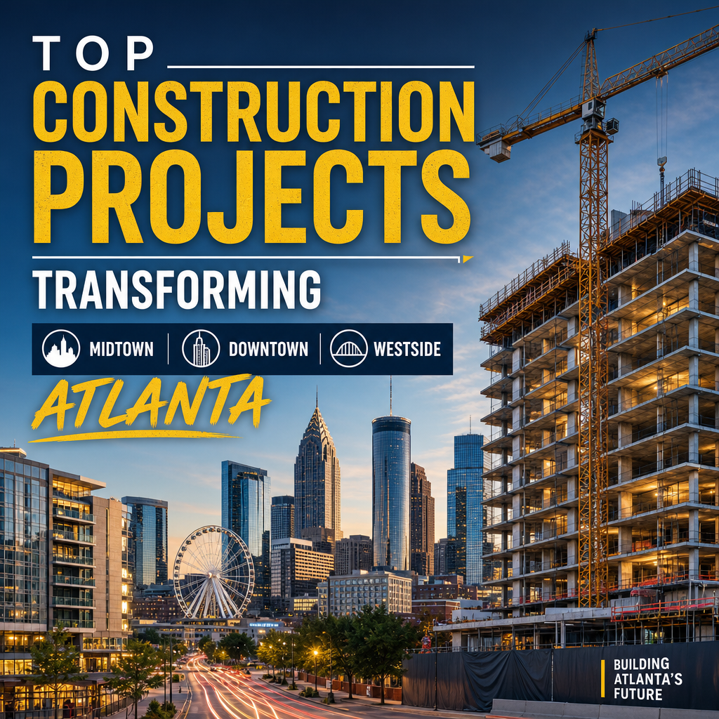 Atlanta skyline with cranes and high-rise construction projects in Midtown, Downtown, and Westside.