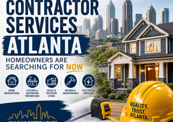 Atlanta contractor services collage showing home renovation, kitchen remodeling, deck building, repairs, and electrical work