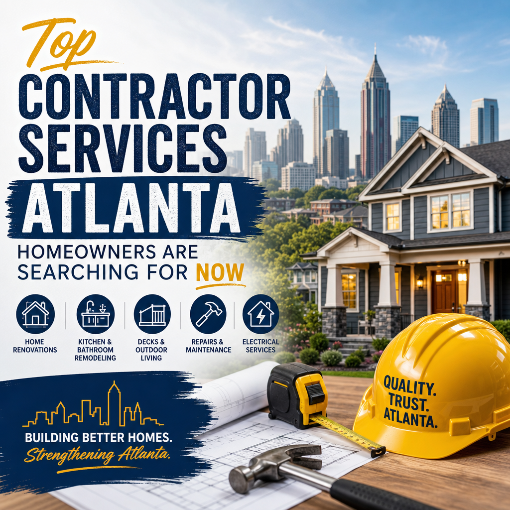 Atlanta contractor services collage showing home renovation, kitchen remodeling, deck building, repairs, and electrical work